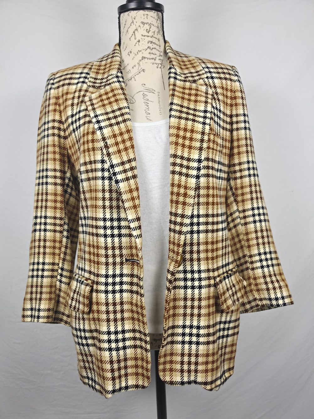 JH Collectibles Petites Vintage Plaid Blazer Houndstooth Brown Tan Size 6P